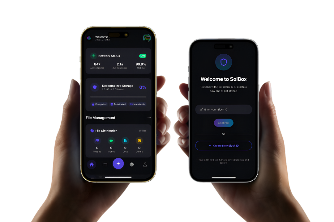 Two hands holding phones showing the SolBox app interfaces